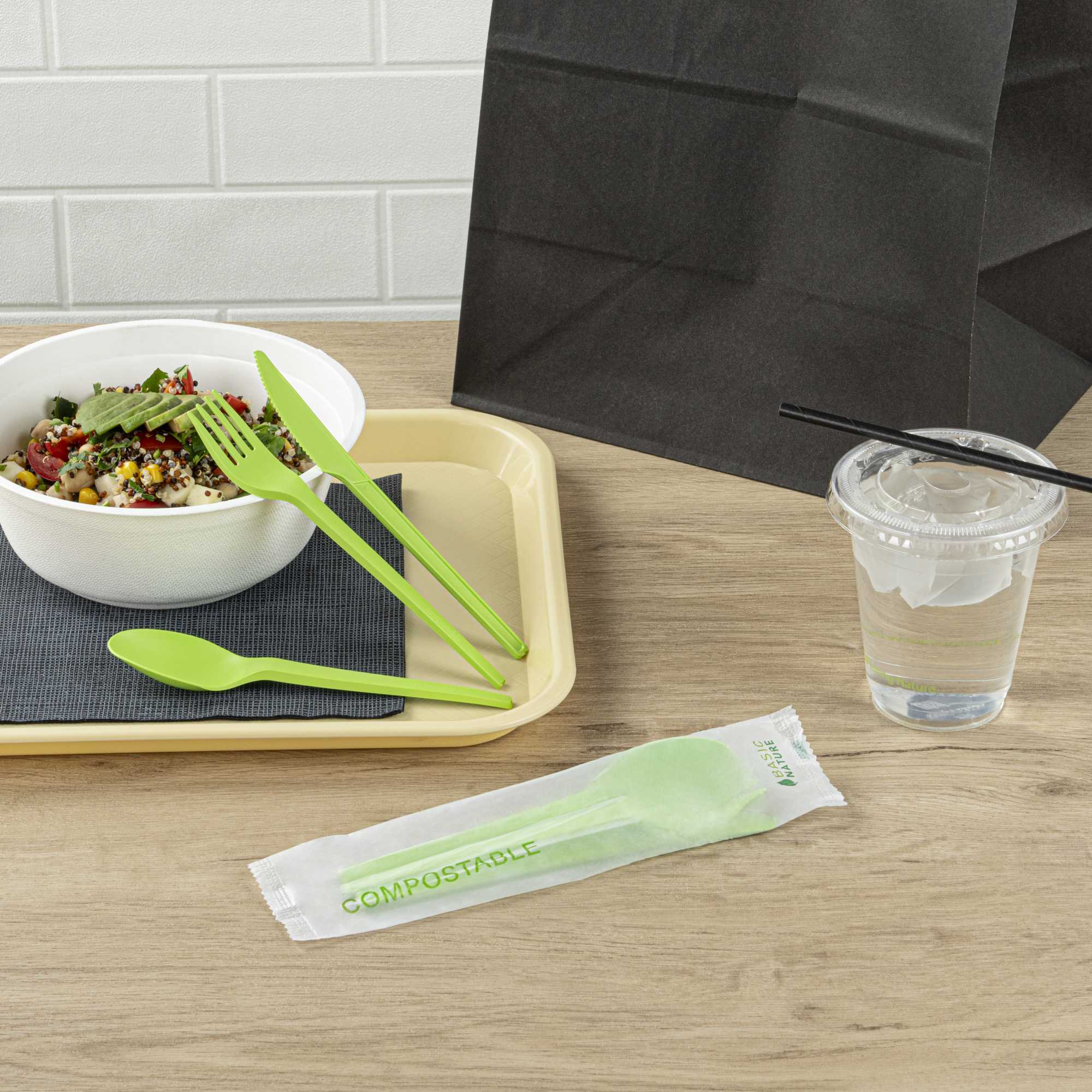Basic Nature Green CPLA Plastic Cutlery Set - Compostable Wrapper, Heat-Resistant - 6 1/2" - 100 count box