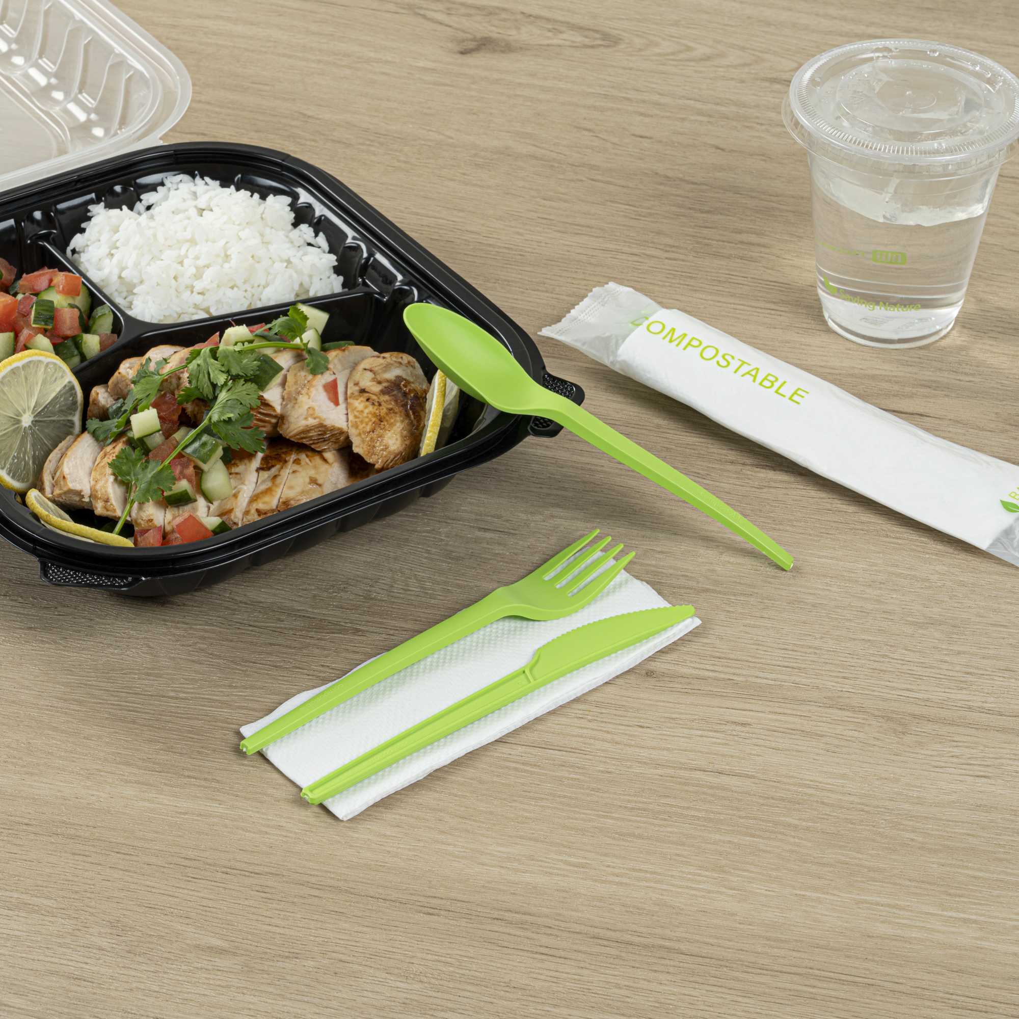 Basic Nature Green CPLA Plastic Cutlery Set - Compostable Wrapper, White Napkin, Heat-Resistant - 6 1/2" - 100 count box