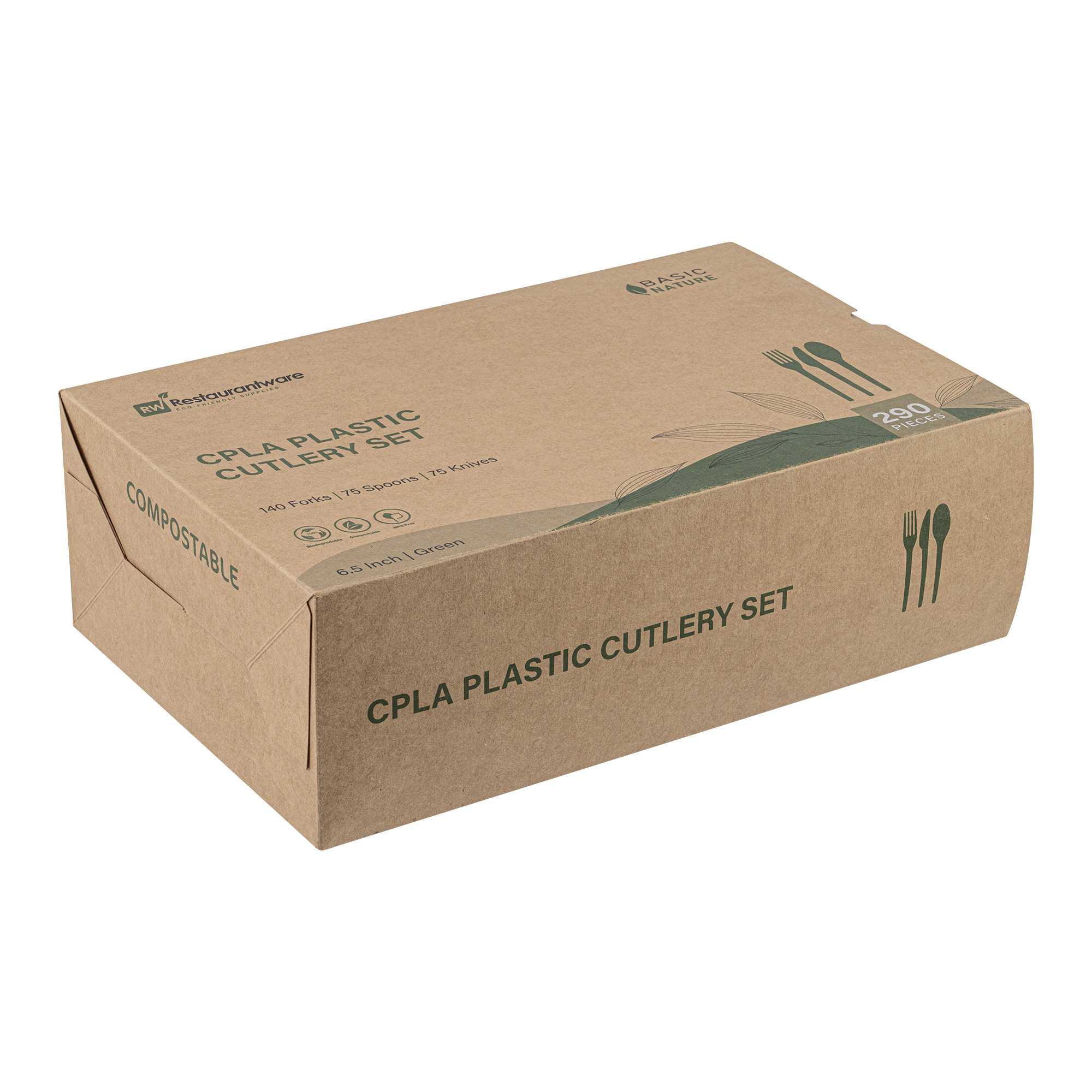 Basic Nature Green CPLA Plastic Cutlery Set - Heat-Resistant, Compostable - 6 1/2" - 290 count box