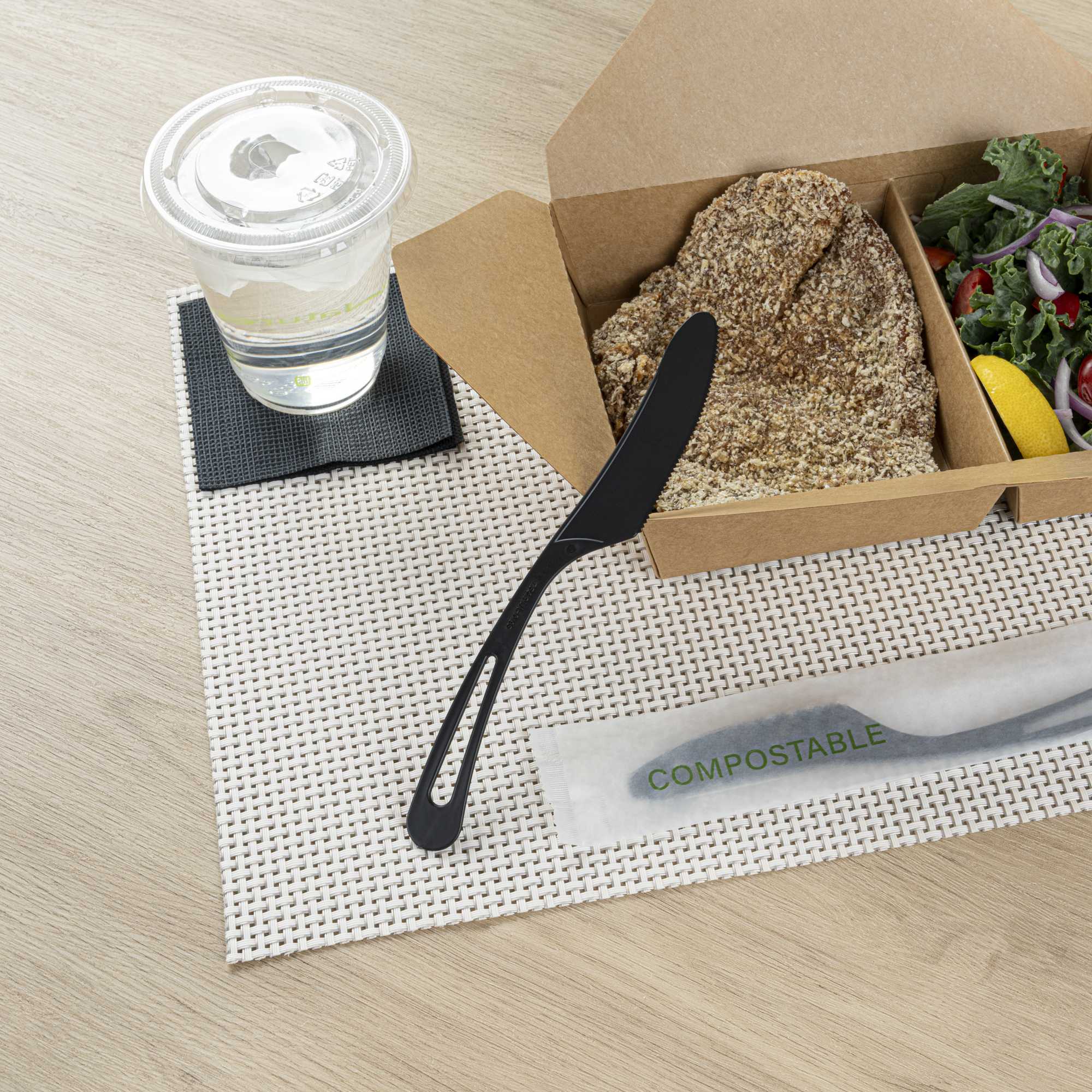 Basic Nature Black CPLA Plastic Knife - Compostable Wrapper, Heat-Resistant - 7 1/2" - 250 count box