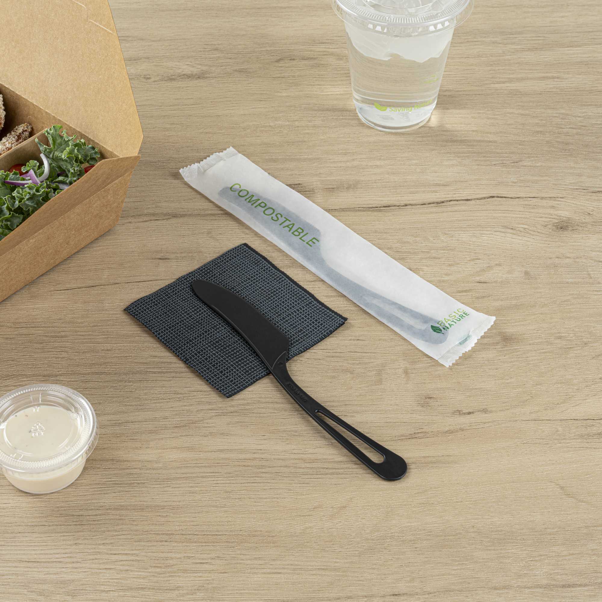 Basic Nature Black CPLA Plastic Knife - Compostable Wrapper, Heat-Resistant - 7 1/2" - 250 count box