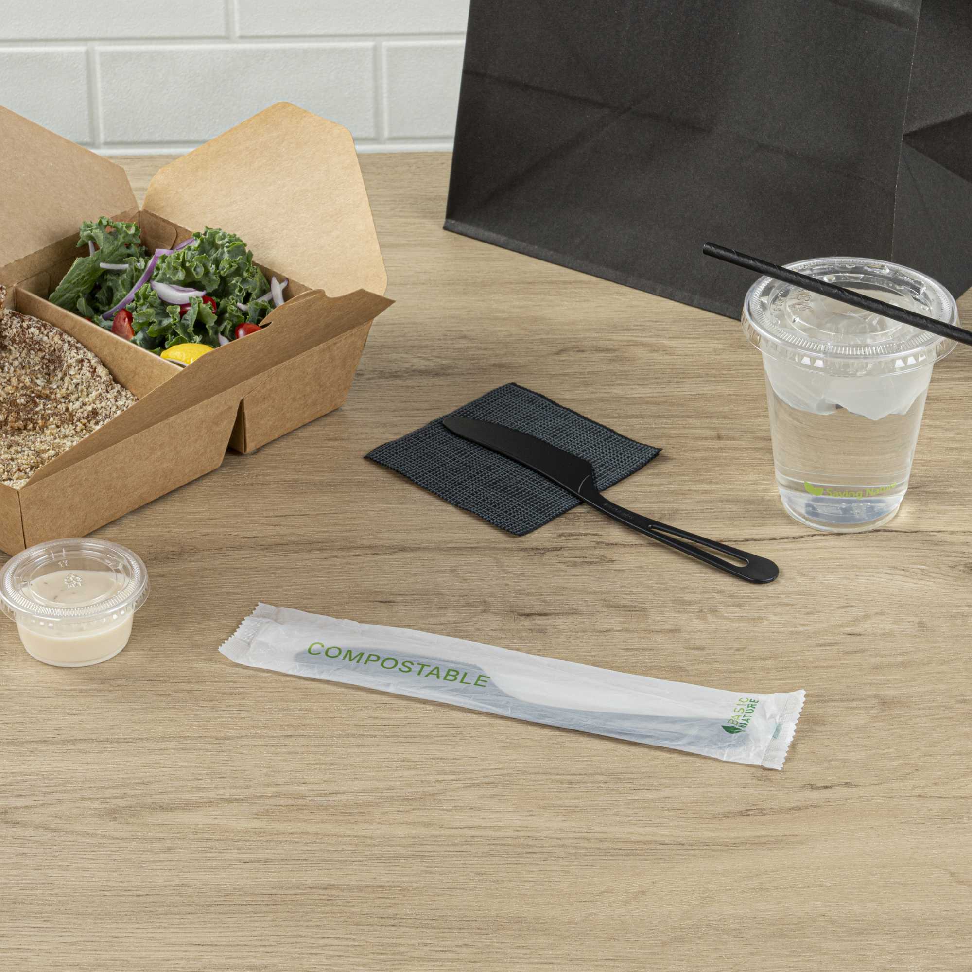 Basic Nature Black CPLA Plastic Knife - Compostable Wrapper, Heat-Resistant - 7 1/2" - 250 count box