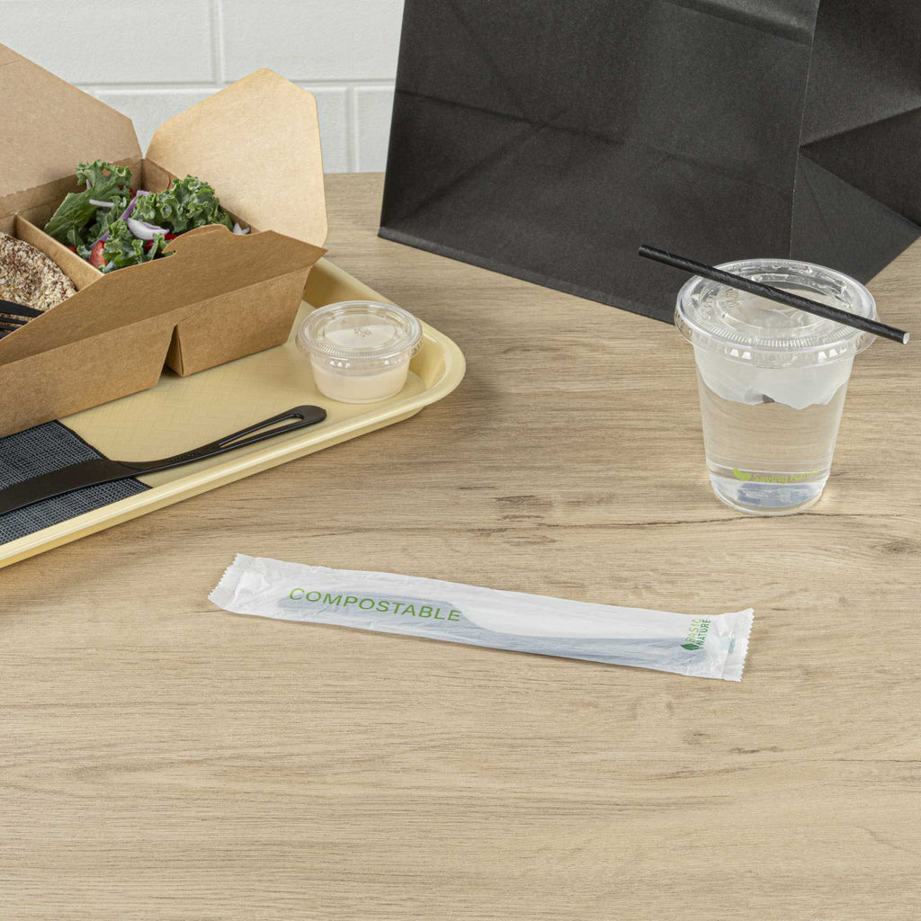 Basic Nature Black CPLA Plastic Knife - Compostable Wrapper, Heat-Resistant - 7 1/2" - 250 count box