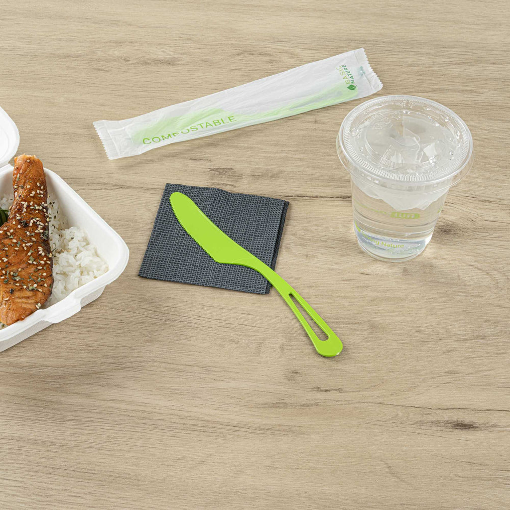 Basic Nature Green CPLA Plastic Knife - Compostable Wrapper, Heat-Resistant - 7 1/2" - 250 count box