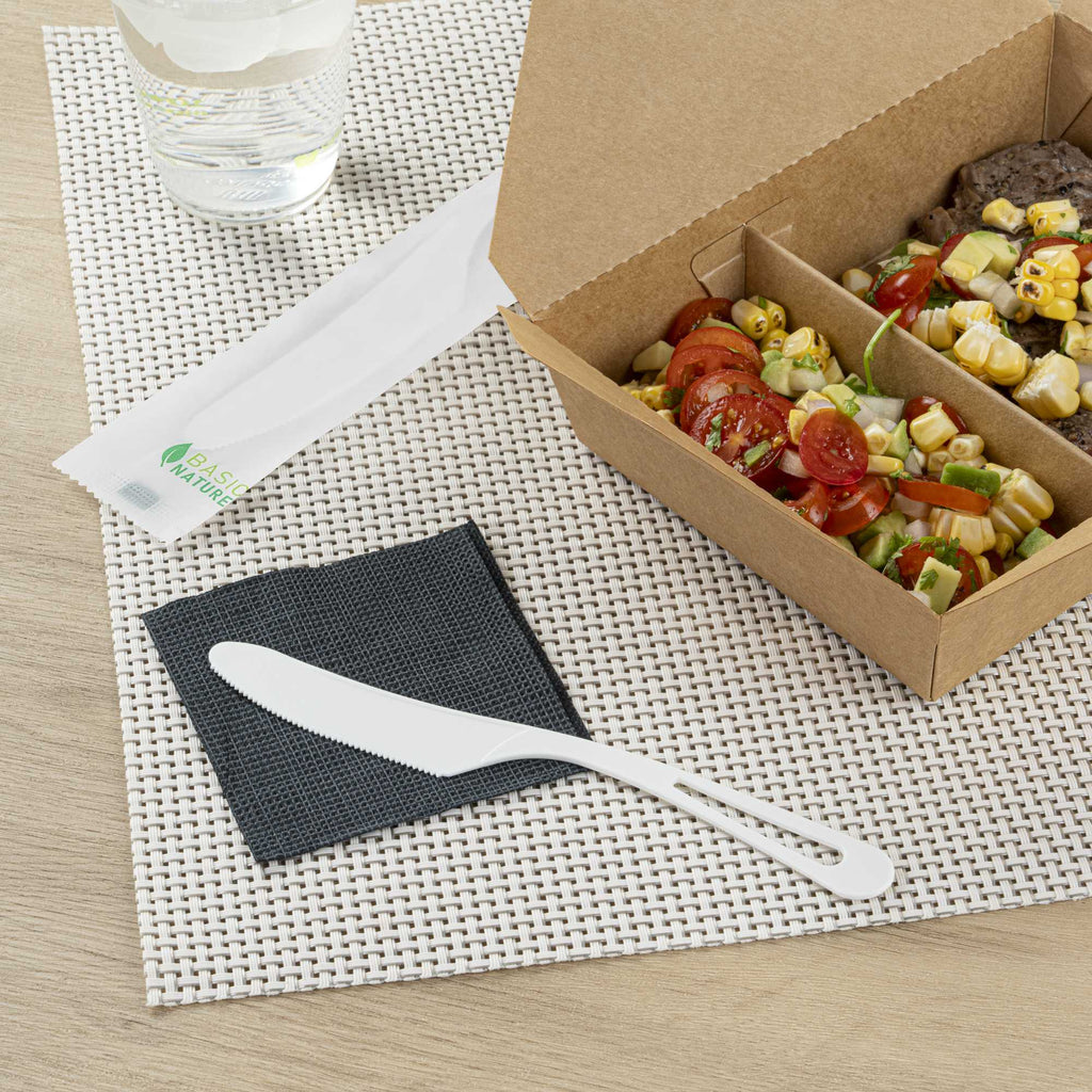 Basic Nature White CPLA Plastic Knife - Compostable Wrapper, Heat-Resistant - 7 1/2" - 250 count box