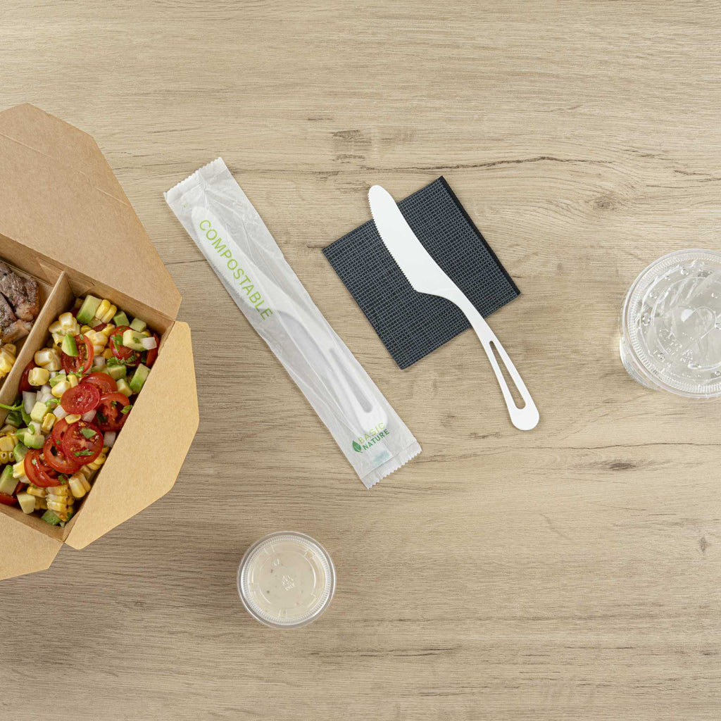 Basic Nature White CPLA Plastic Knife - Compostable Wrapper, Heat-Resistant - 7 1/2" - 250 count box