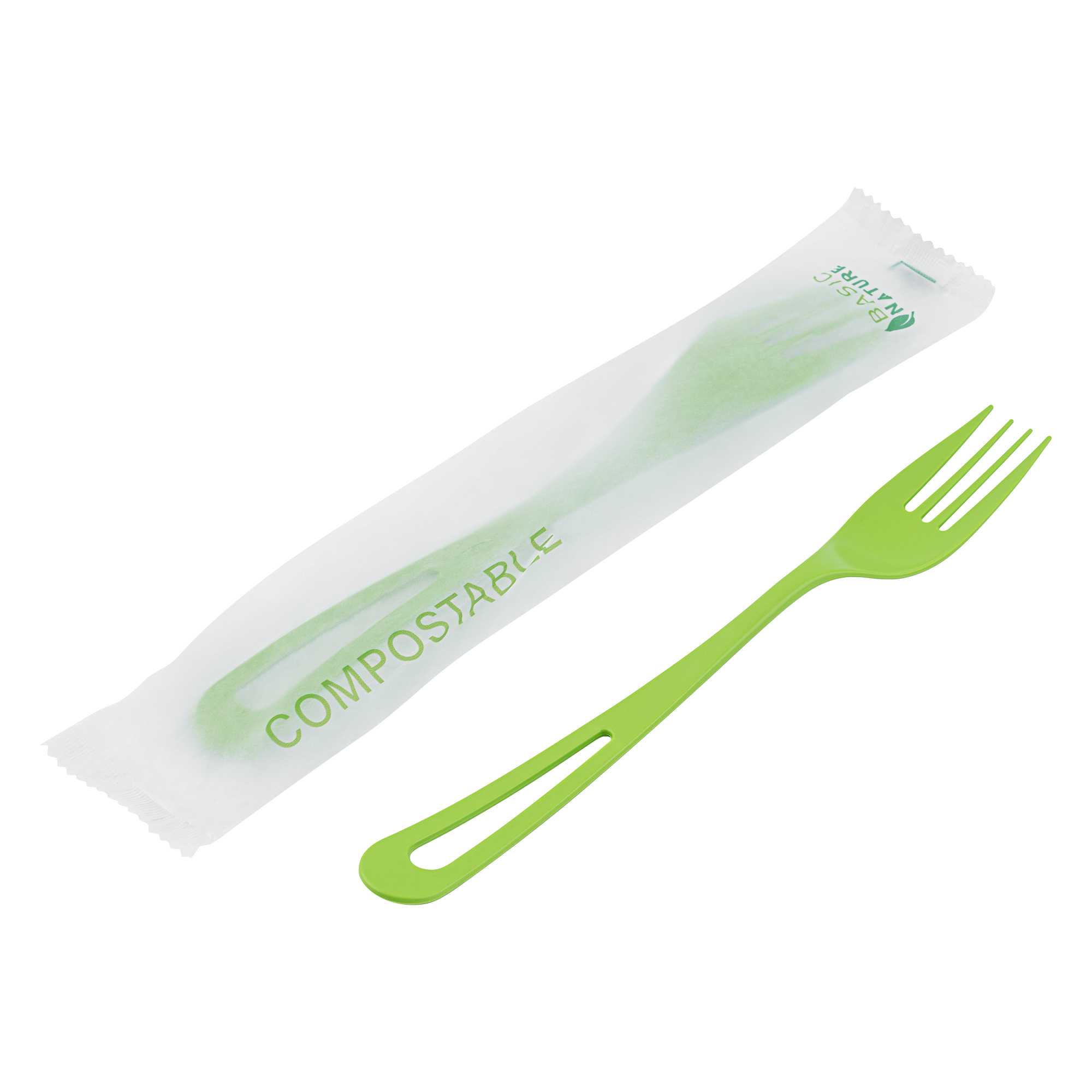 Basic Nature Green CPLA Plastic Fork - Compostable Wrapper, Heat-Resistant - 7 1/2" - 250 count box