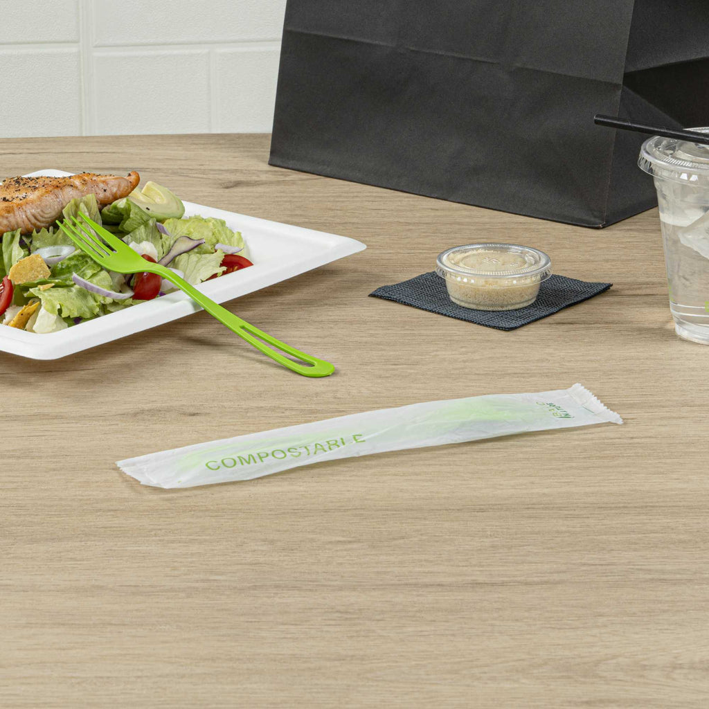 Basic Nature Green CPLA Plastic Fork - Compostable Wrapper, Heat-Resistant - 7 1/2" - 250 count box