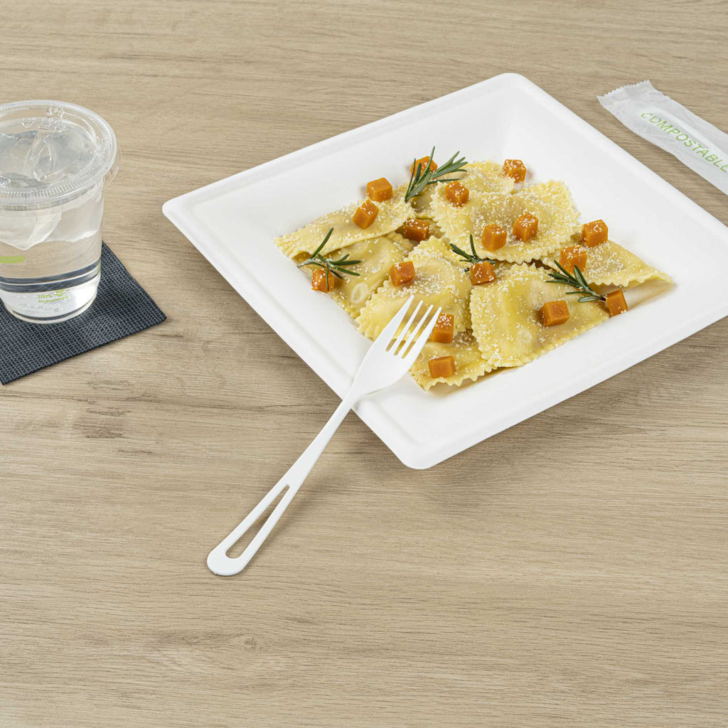 Basic Nature White CPLA Plastic Fork - Compostable Wrapper, Heat-Resistant - 7 1/2" - 250 count box