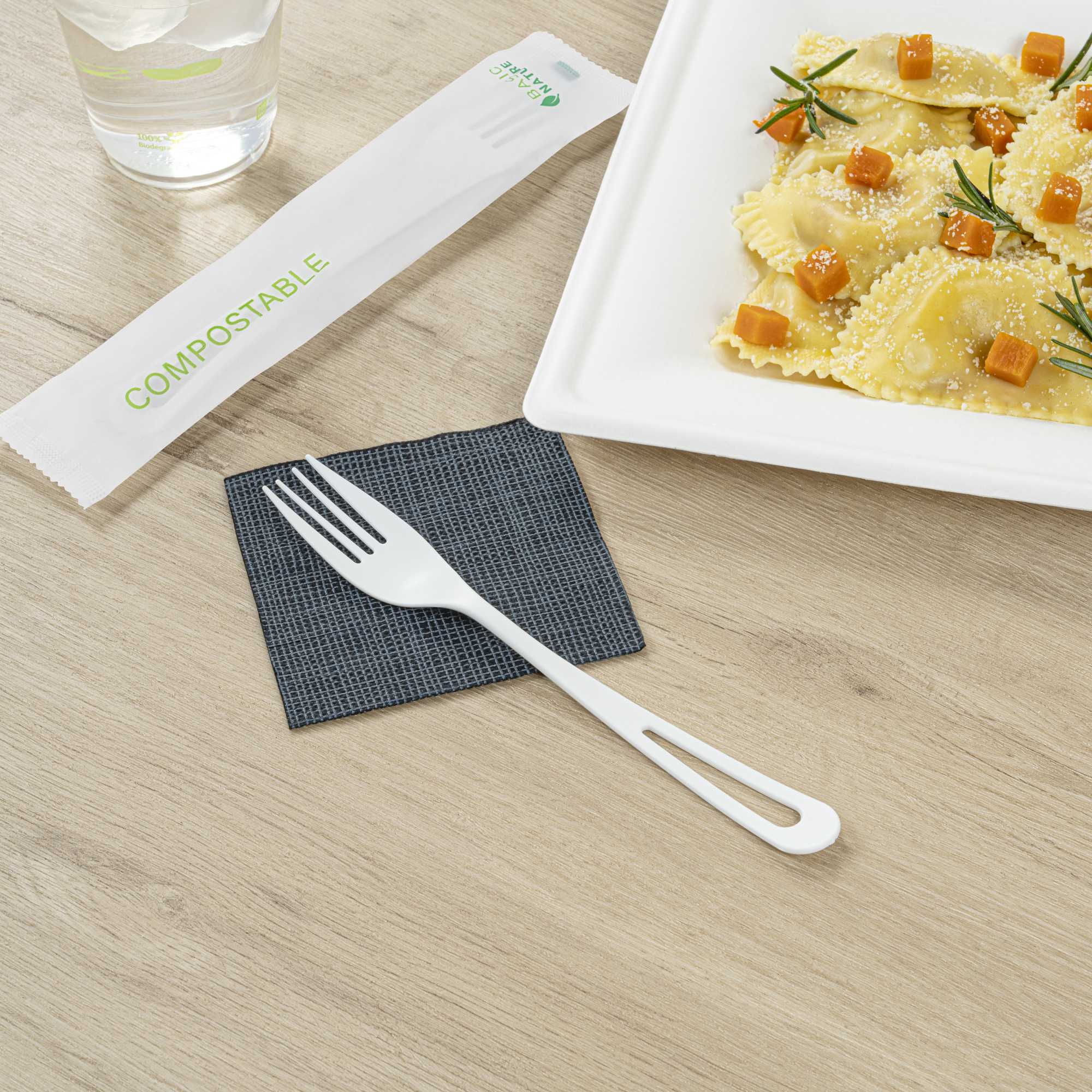 Basic Nature White CPLA Plastic Fork - Compostable Wrapper, Heat-Resistant - 7 1/2" - 250 count box