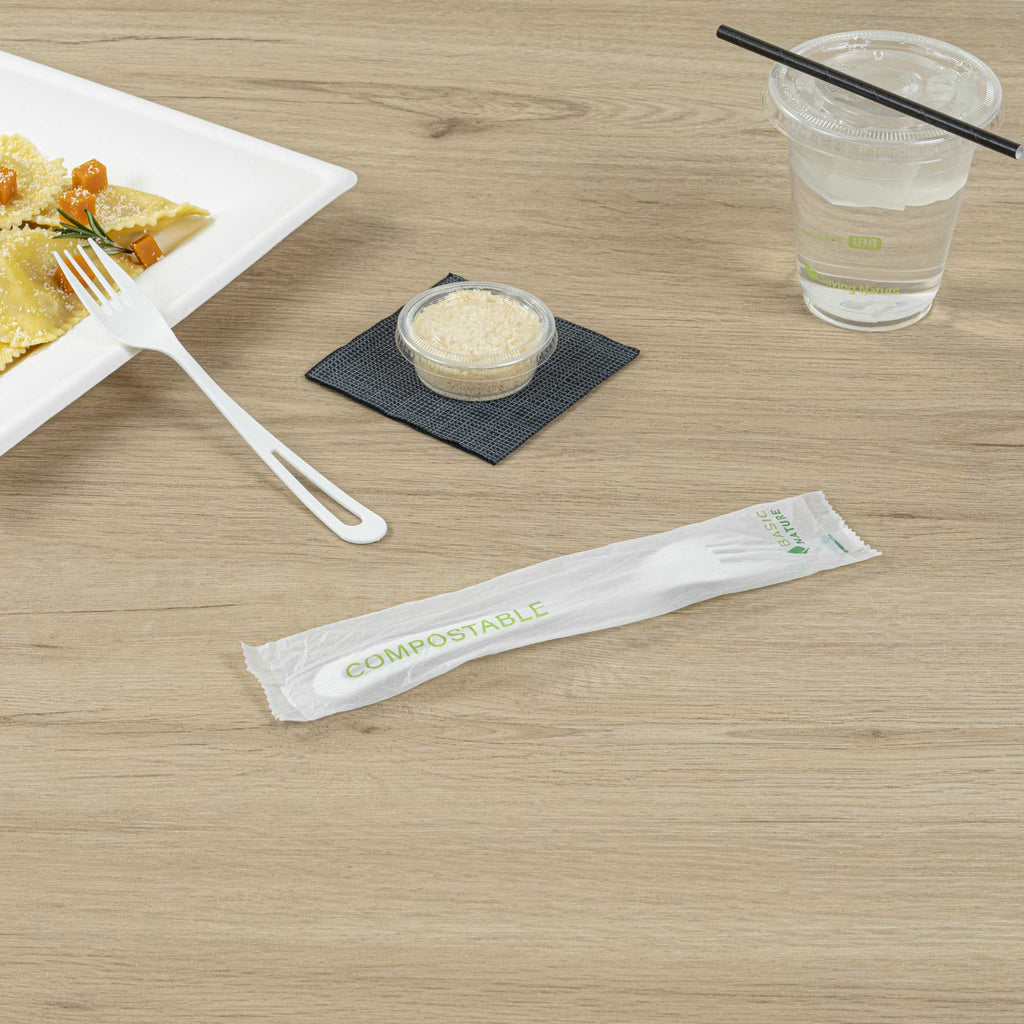 Basic Nature White CPLA Plastic Fork - Compostable Wrapper, Heat-Resistant - 7 1/2" - 250 count box