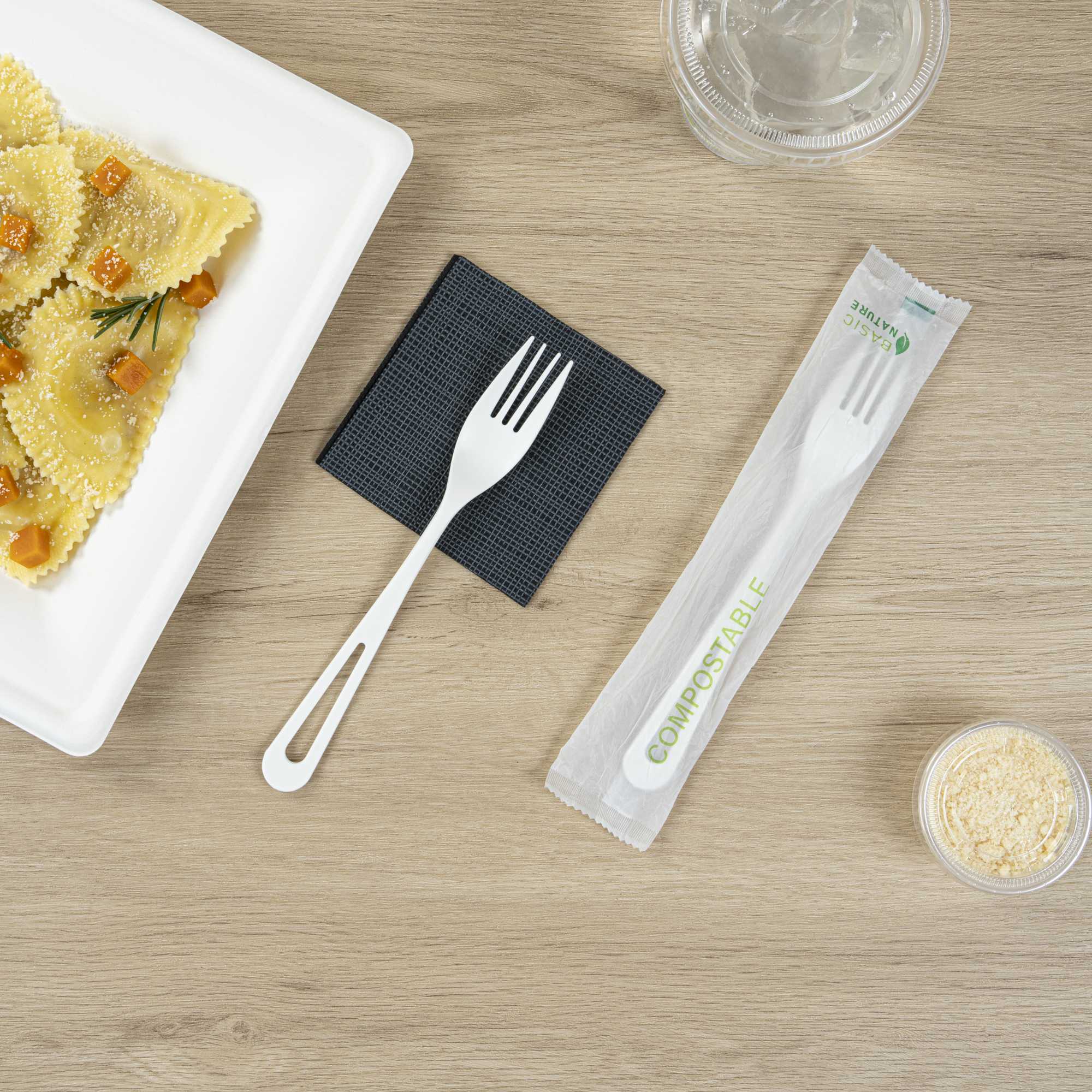 Basic Nature White CPLA Plastic Fork - Compostable Wrapper, Heat-Resistant - 7 1/2" - 250 count box