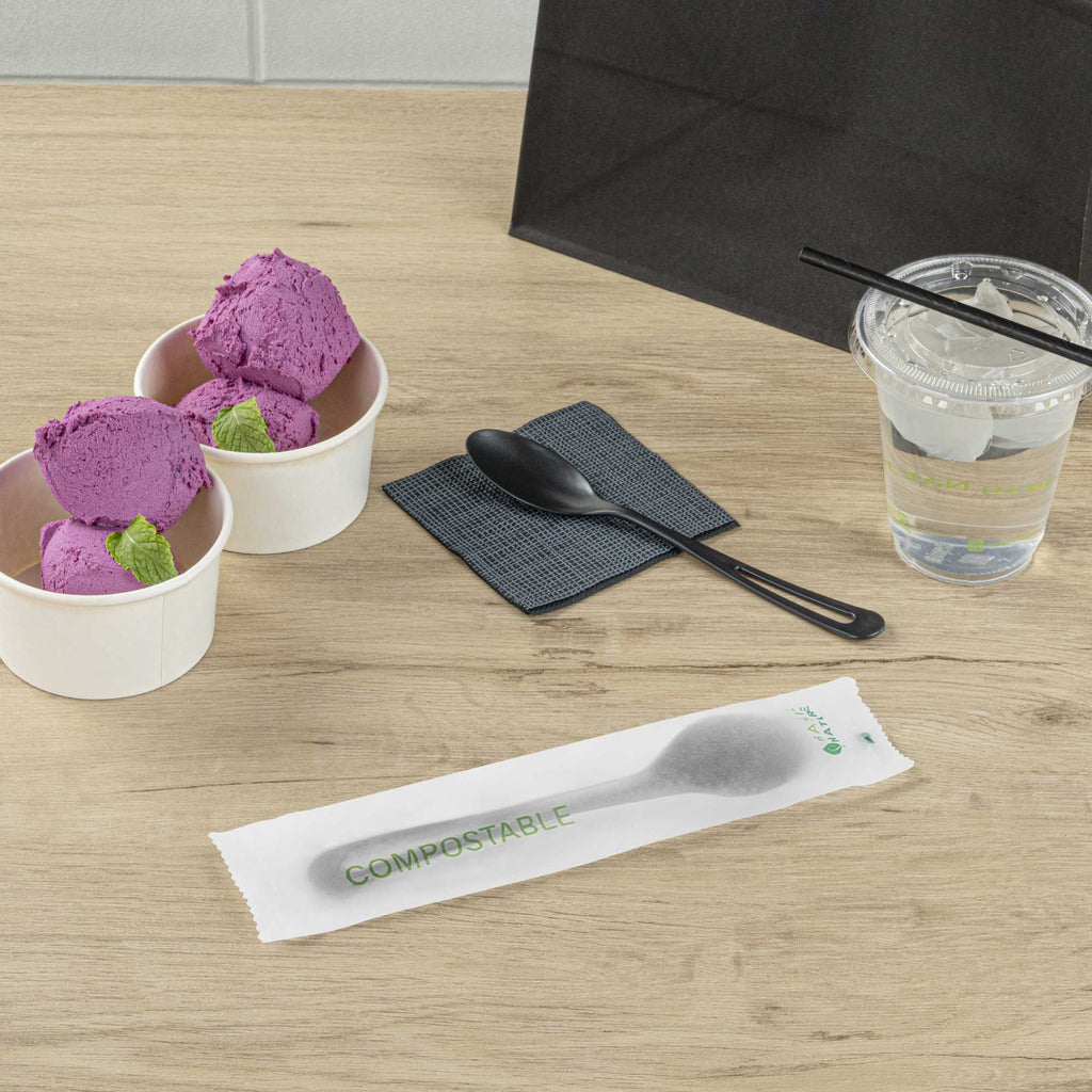 Basic Nature Black CPLA Plastic Spoon - Compostable Wrapper, Heat-Resistant - 7 1/2" - 250 count box
