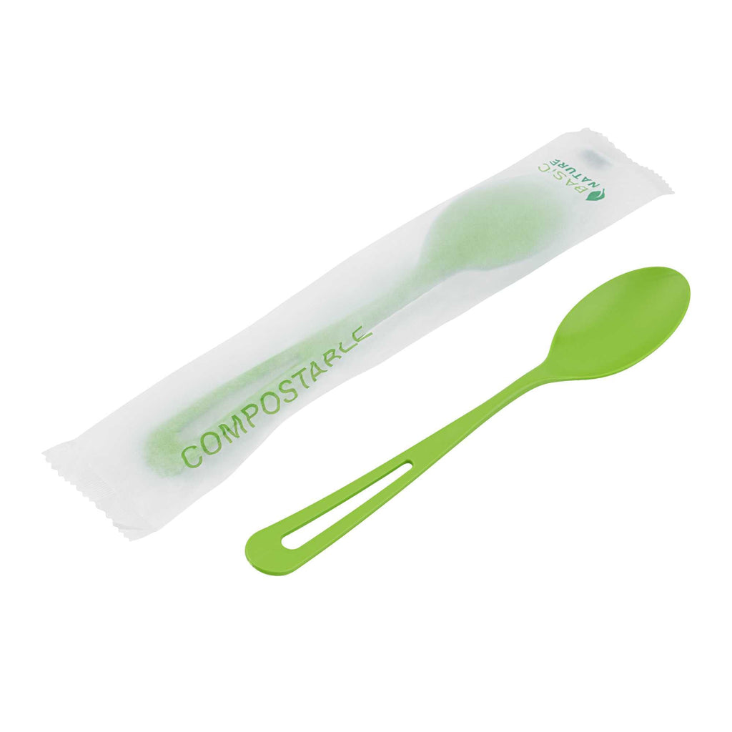 Basic Nature Green CPLA Plastic Spoon - Compostable Wrapper, Heat-Resistant - 7 1/2" - 250 count box