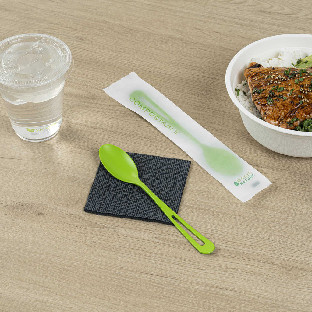 Basic Nature Green CPLA Plastic Spoon - Compostable Wrapper, Heat-Resistant - 7 1/2" - 250 count box