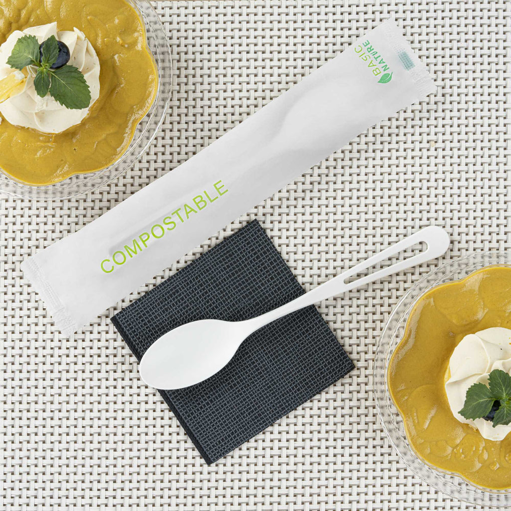 Basic Nature White CPLA Plastic Spoon - Compostable Wrapper, Heat-Resistant - 7 1/2" - 250 count box