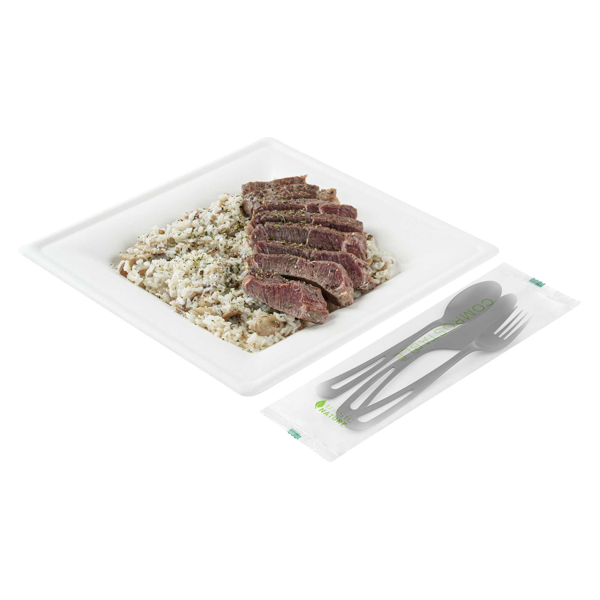 Basic Nature Black CPLA Plastic Cutlery Set - Compostable Wrapper, Heat-Resistant - 7 1/2" - 100 count box