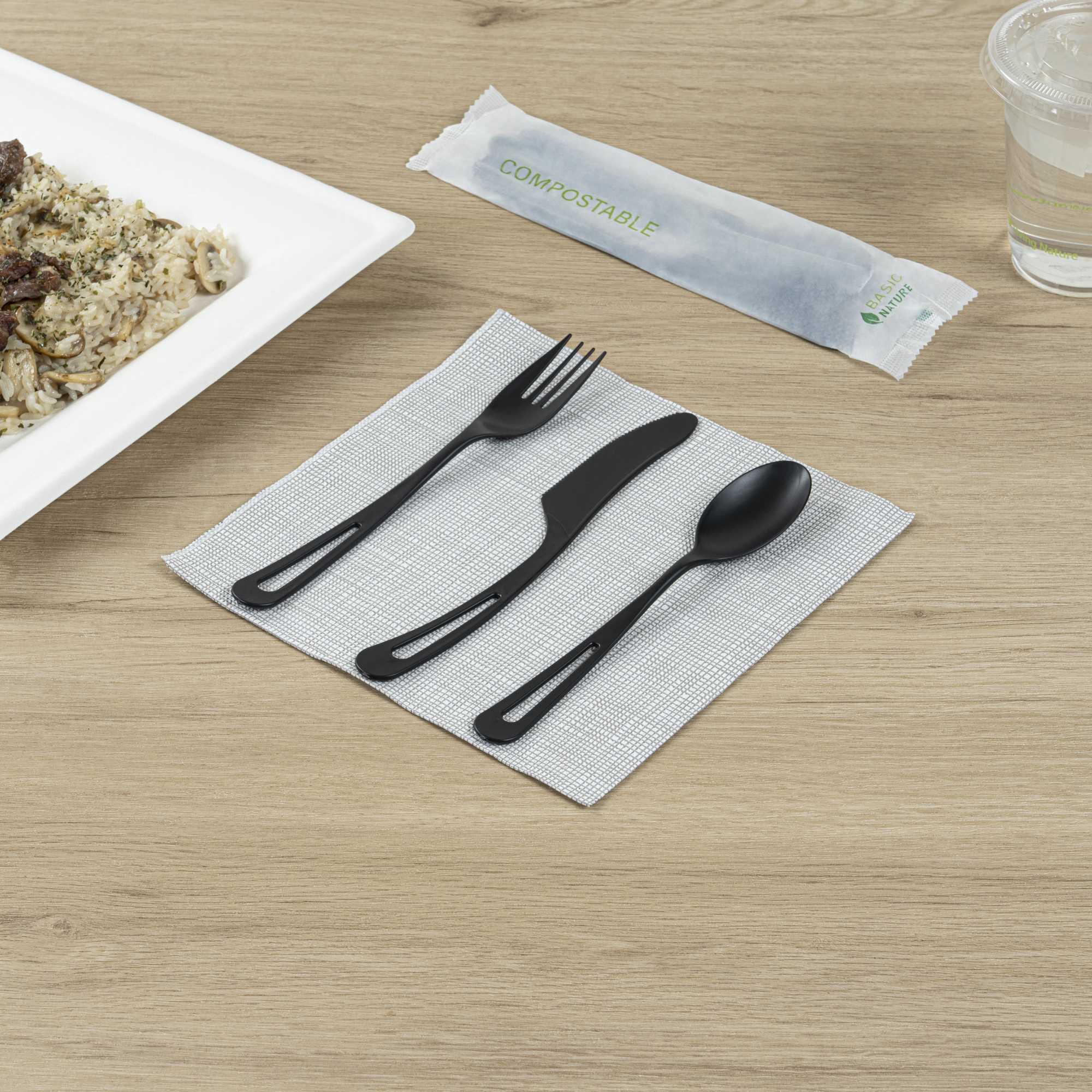 Basic Nature Black CPLA Plastic Cutlery Set - Compostable Wrapper, Heat-Resistant - 7 1/2" - 100 count box
