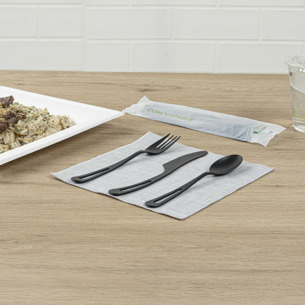 Basic Nature Black CPLA Plastic Cutlery Set - Compostable Wrapper, Heat-Resistant - 7 1/2" - 100 count box
