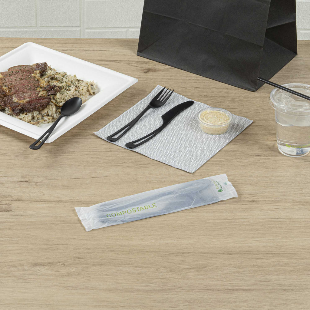 Basic Nature Black CPLA Plastic Cutlery Set - Compostable Wrapper, Heat-Resistant - 7 1/2" - 100 count box