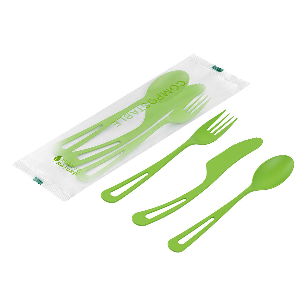 Basic Nature Green CPLA Plastic Cutlery Set - Compostable Wrapper, Heat-Resistant - 7 1/2" - 100 count box