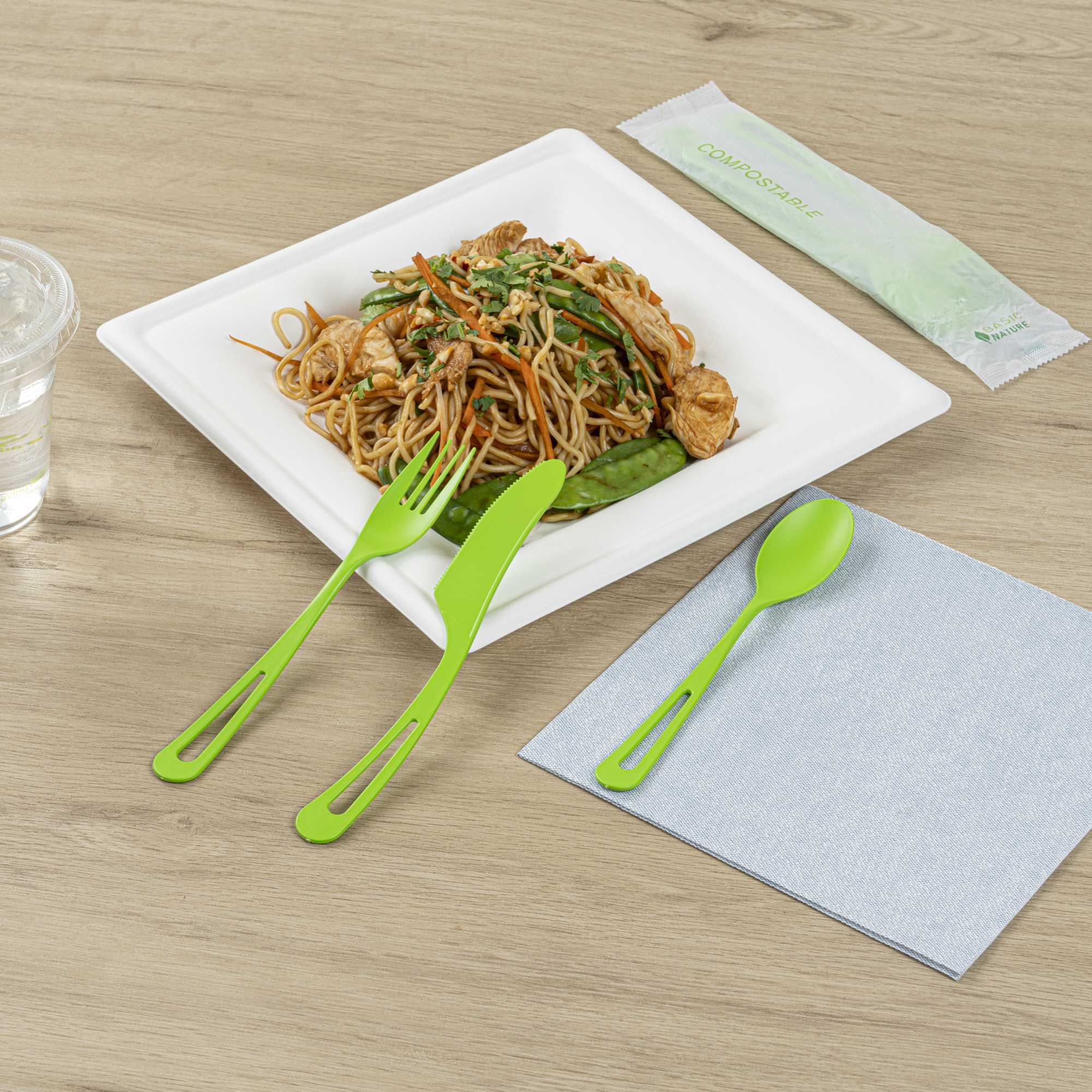Basic Nature Green CPLA Plastic Cutlery Set - Compostable Wrapper, Heat-Resistant - 7 1/2" - 100 count box