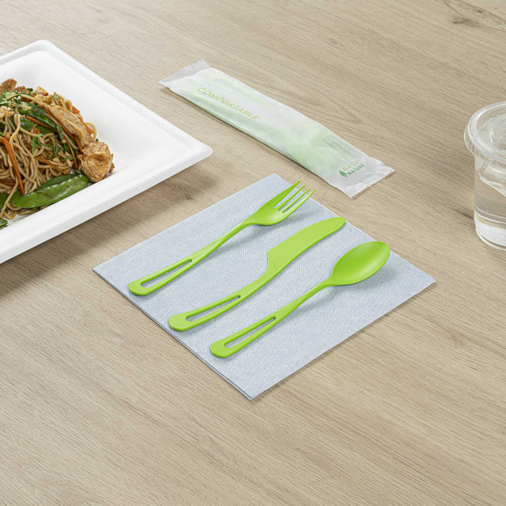 Basic Nature Green CPLA Plastic Cutlery Set - Compostable Wrapper, Heat-Resistant - 7 1/2" - 100 count box