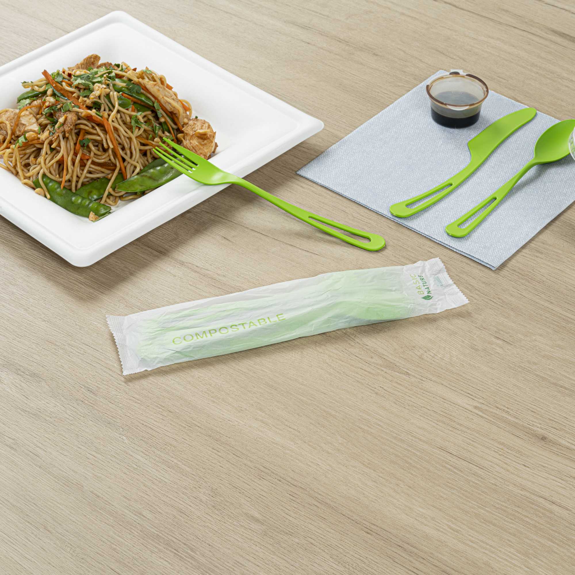 Basic Nature Green CPLA Plastic Cutlery Set - Compostable Wrapper, Heat-Resistant - 7 1/2" - 100 count box