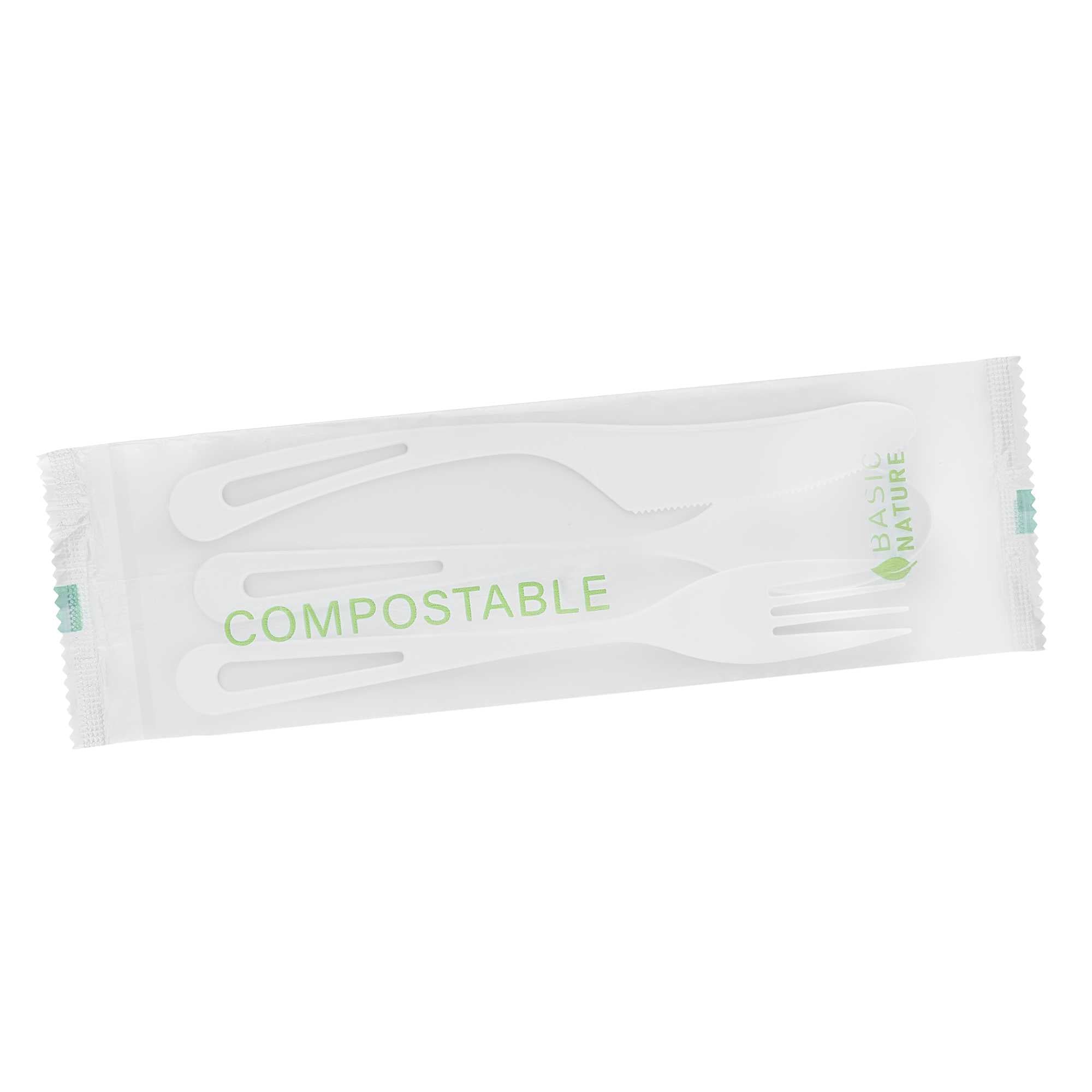 Basic Nature White CPLA Plastic Cutlery Set - Compostable Wrapper, Heat-Resistant - 7 1/2" - 100 count box