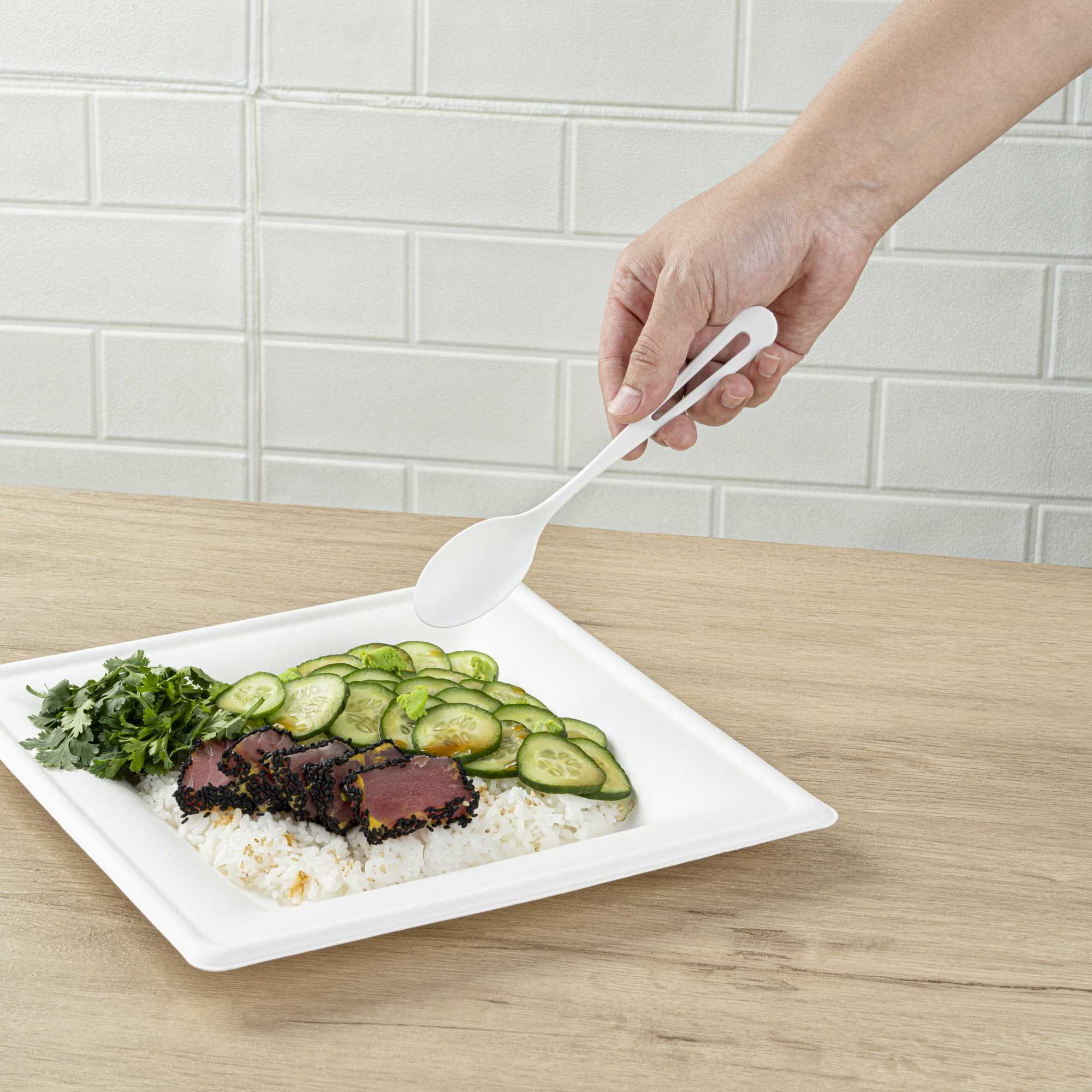 Basic Nature White CPLA Plastic Cutlery Set - Compostable Wrapper, Heat-Resistant - 7 1/2" - 100 count box