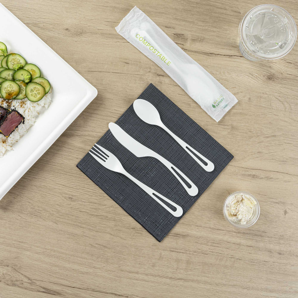 Basic Nature White CPLA Plastic Cutlery Set - Compostable Wrapper, Heat-Resistant - 7 1/2" - 100 count box