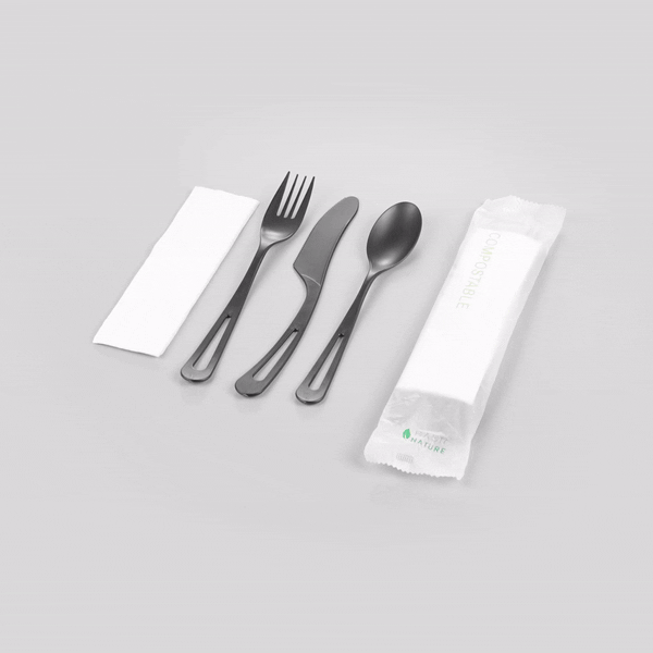 Basic Nature Black CPLA Plastic Cutlery Set - Compostable Wrapper, White Napkin, Heat-Resistant - 7 1/2" - 100 count box