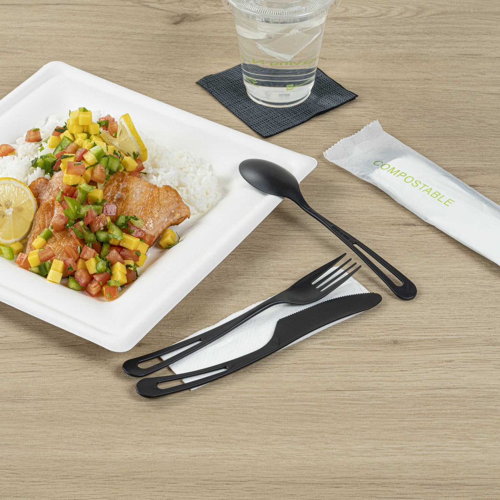 Basic Nature Black CPLA Plastic Cutlery Set - Compostable Wrapper, White Napkin, Heat-Resistant - 7 1/2" - 100 count box