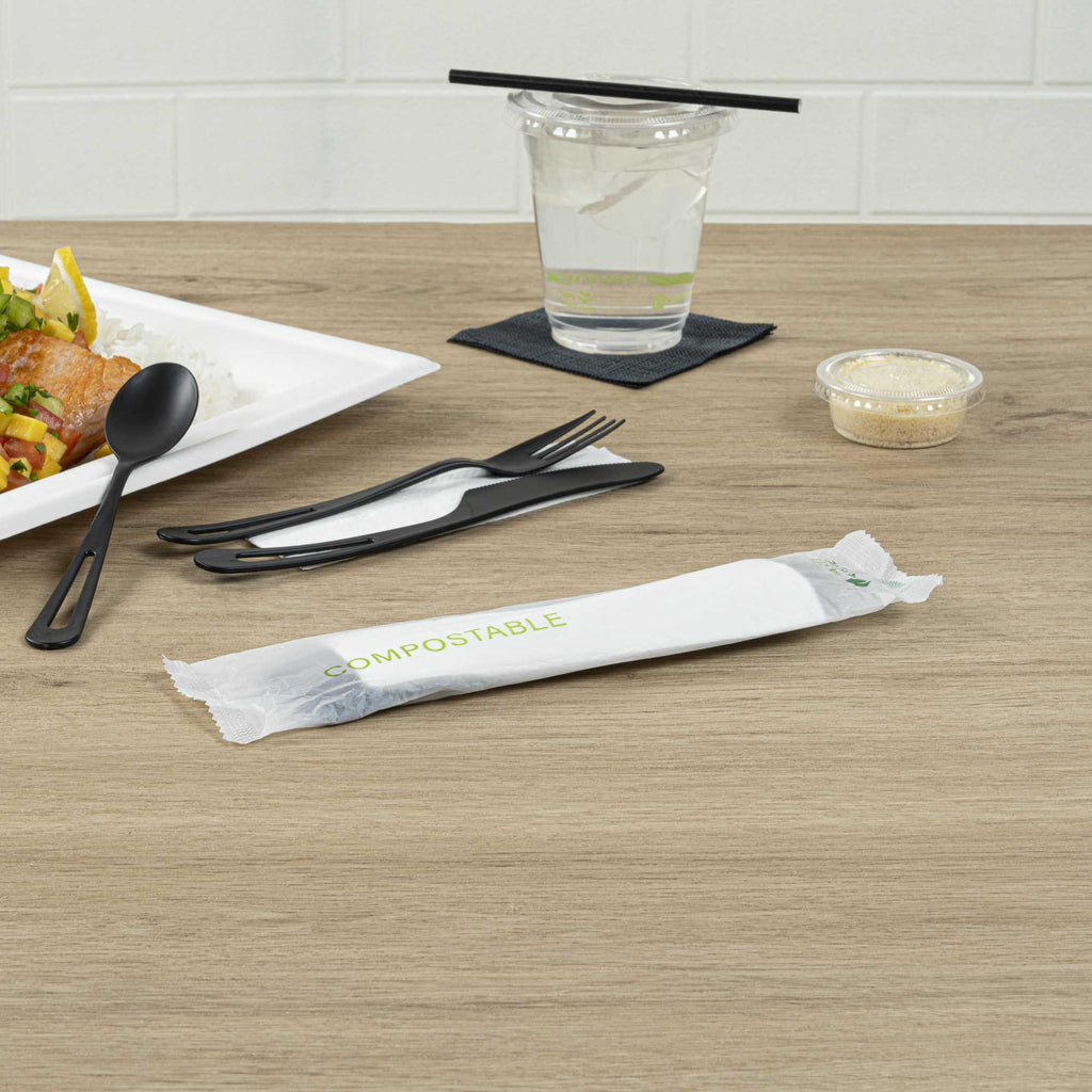 Basic Nature Black CPLA Plastic Cutlery Set - Compostable Wrapper, White Napkin, Heat-Resistant - 7 1/2" - 100 count box