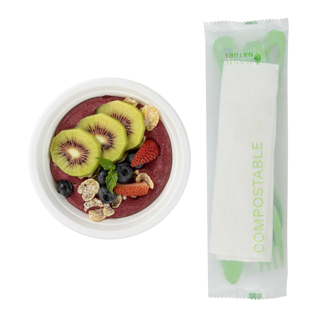 Basic Nature Green CPLA Plastic Cutlery Set - Compostable Wrapper, White Napkin, Heat-Resistant - 7 1/2" - 100 count box