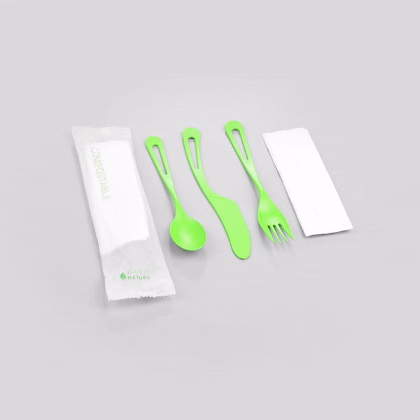 Basic Nature Green CPLA Plastic Cutlery Set - Compostable Wrapper, White Napkin, Heat-Resistant - 7 1/2" - 100 count box