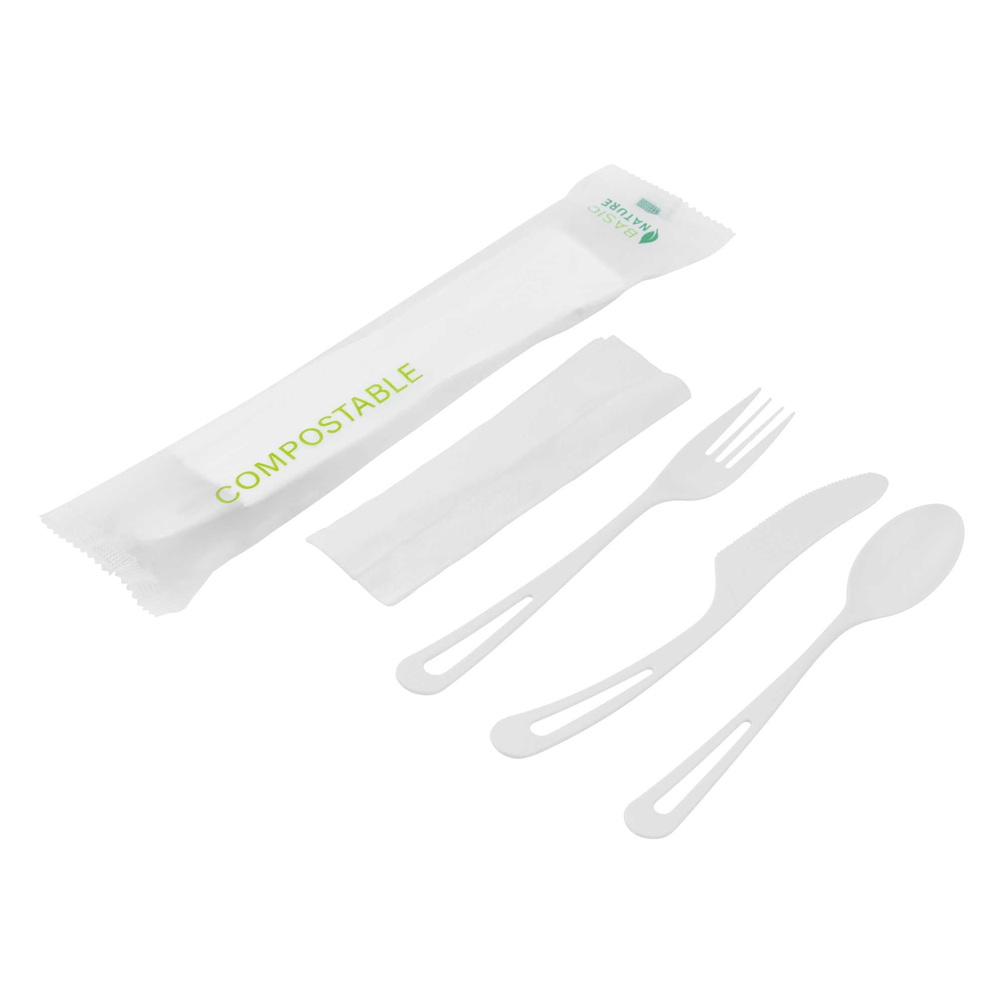 Basic Nature White CPLA Plastic Cutlery Set - Compostable Wrapper, White Napkin, Heat-Resistant - 7 1/2" - 100 count box