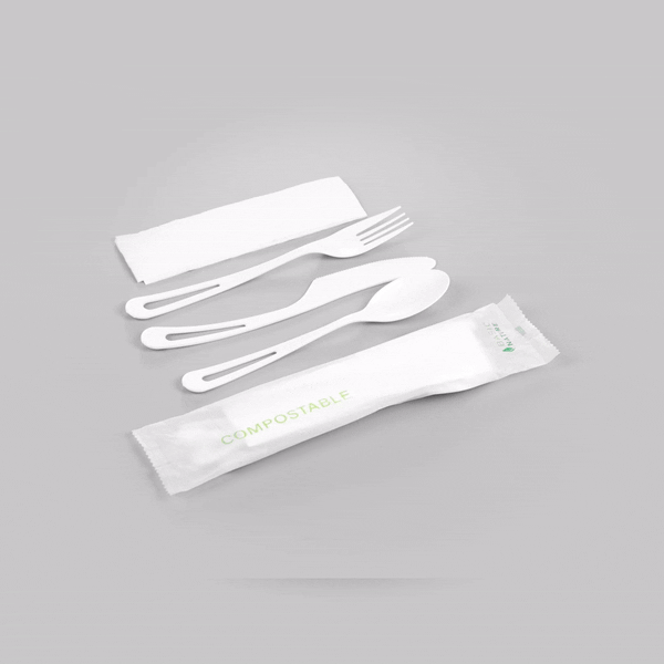 Basic Nature White CPLA Plastic Cutlery Set - Compostable Wrapper, White Napkin, Heat-Resistant - 7 1/2" - 100 count box
