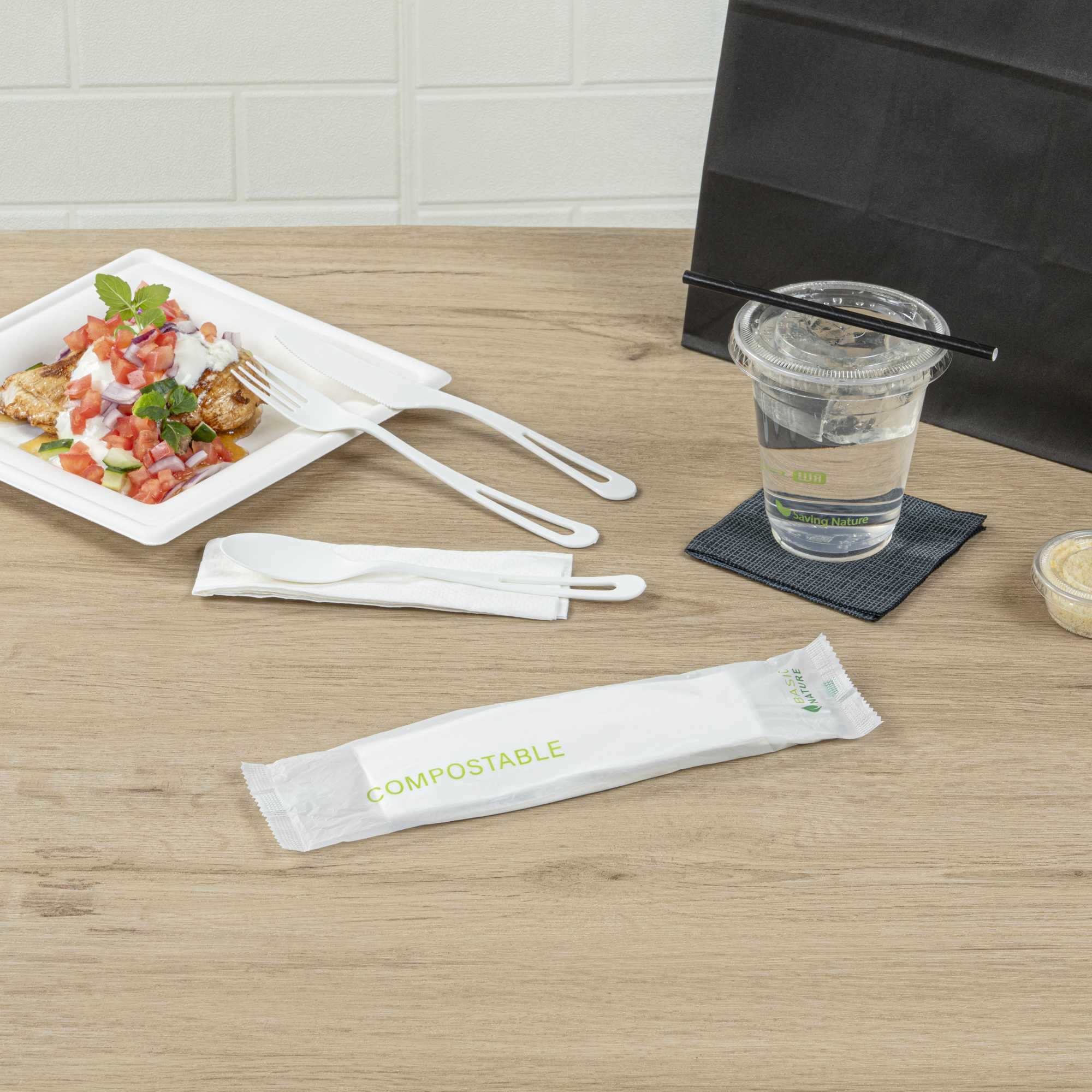 Basic Nature White CPLA Plastic Cutlery Set - Compostable Wrapper, White Napkin, Heat-Resistant - 7 1/2" - 100 count box