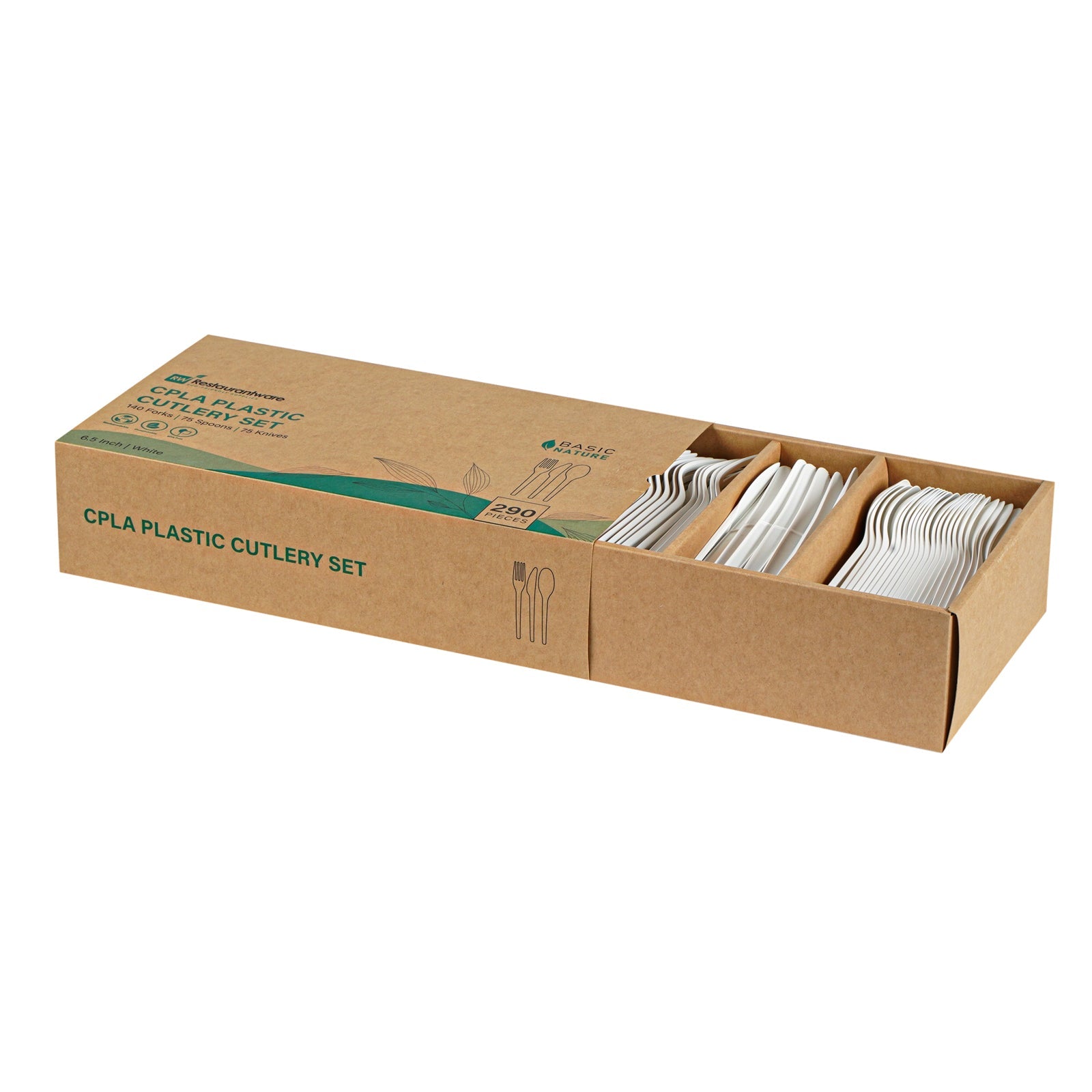 Basic Nature White CPLA Plastic Cutlery Set - Heat-Resistant, Compostable - 6 1/2" - 290 count box