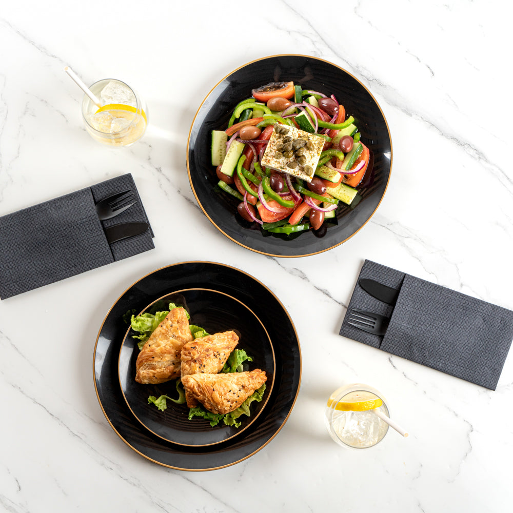 Moderna Round Black Plastic Gold-Rimmed Plate Set - Includes 7" and 10" Plate Sets - 40 count box