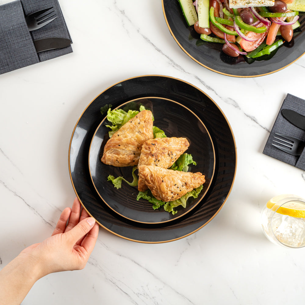 Moderna Round Black Plastic Gold-Rimmed Plate Set - Includes 7" and 10" Plate Sets - 40 count box