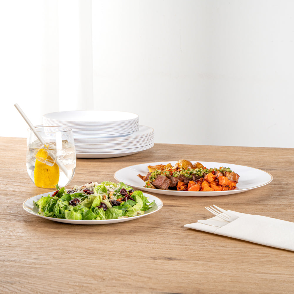 Moderna Round White Plastic Gold-Rimmed Plate Set - Includes 7" and 10" Plate Sets - 40 count box