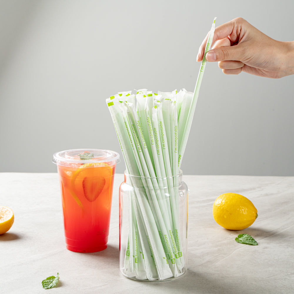 Basic Nature Green PLA / PBAT Plastic Straw - Wrapped, Compostable - 8 1/4" - 100 count box