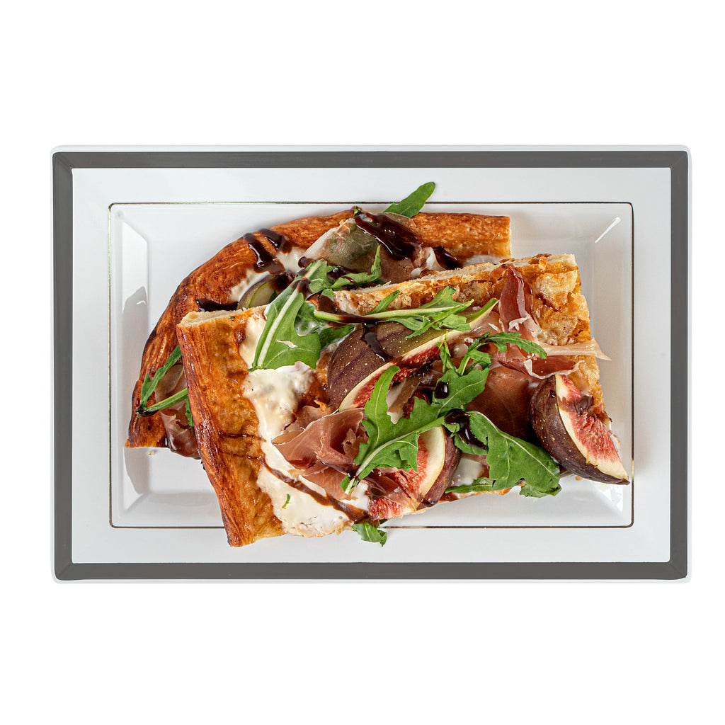 Moderna Rectangle White Plastic Silver-Rimmed Plate - 7 1/2" x 5 1/4" x 1/2" - 10 count box