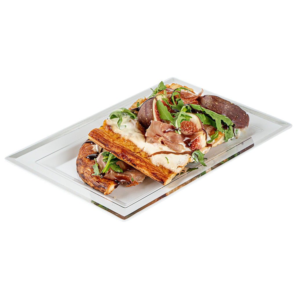 Moderna Rectangle White Plastic Silver-Rimmed Plate - 7 1/2" x 5 1/4" x 1/2" - 100 count box