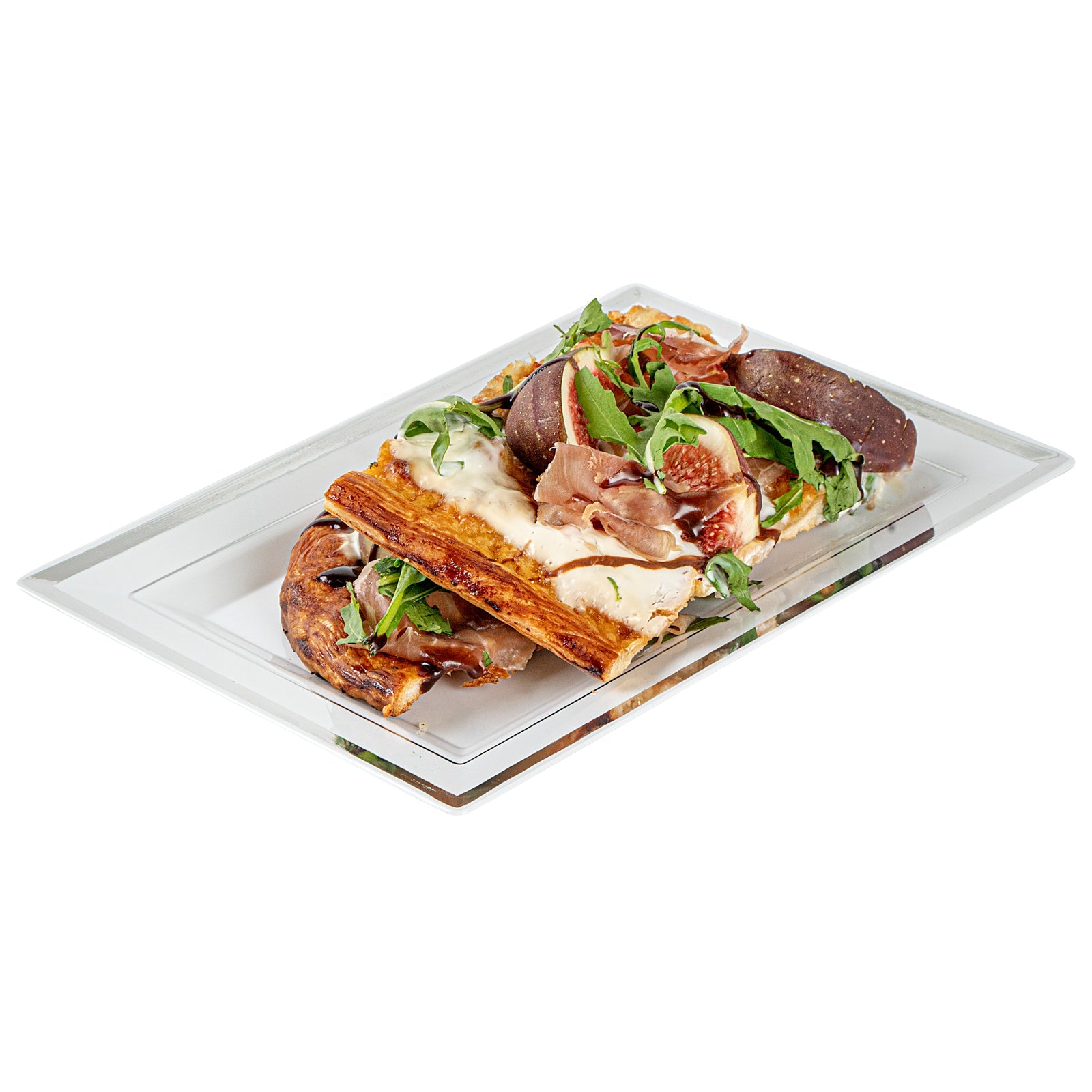 Moderna Rectangle White Plastic Silver-Rimmed Plate - 7 1/2" x 5 1/4" x 1/2" - 100 count box