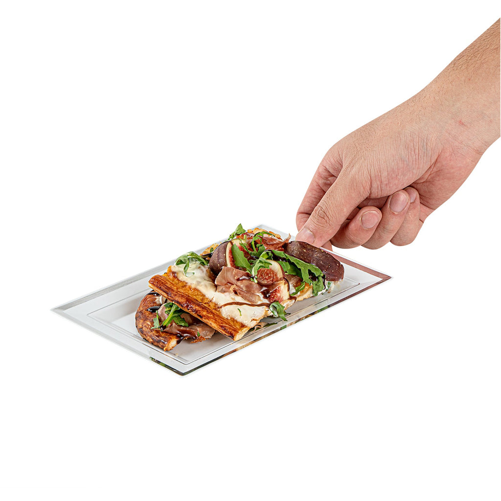 Moderna Rectangle White Plastic Silver-Rimmed Plate - 7 1/2" x 5 1/4" x 1/2" - 100 count box