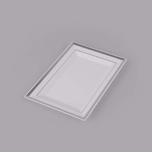 Moderna Rectangle White Plastic Silver-Rimmed Plate - 7 1/2" x 5 1/4" x 1/2" - 100 count box