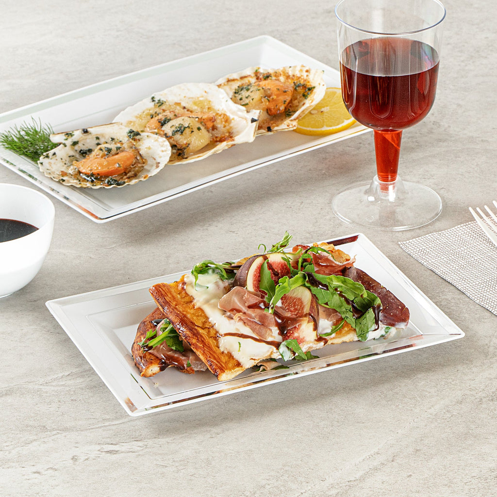 Moderna Rectangle White Plastic Silver-Rimmed Plate - 7 1/2" x 5 1/4" x 1/2" - 100 count box